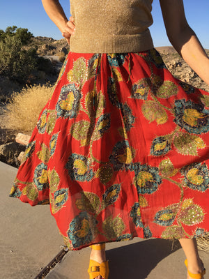 Silk floral skirt with sequins and metallic embroidery