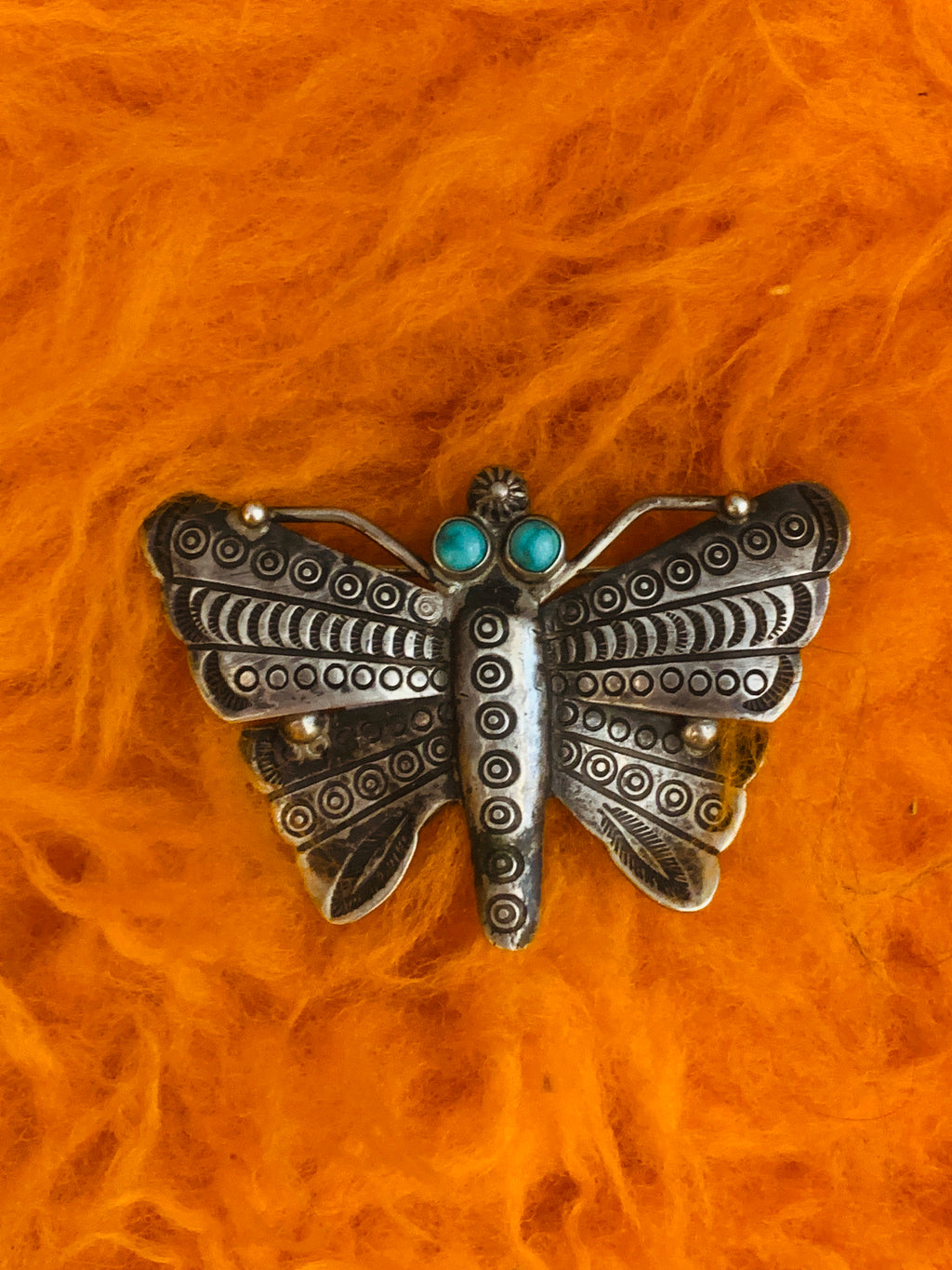 Vintage Collectible Sterling Silver Engraved Moth Pin with Turquoise Stones
