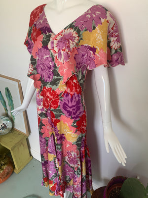 Vintage 70s Silky Floral Flutter Dress