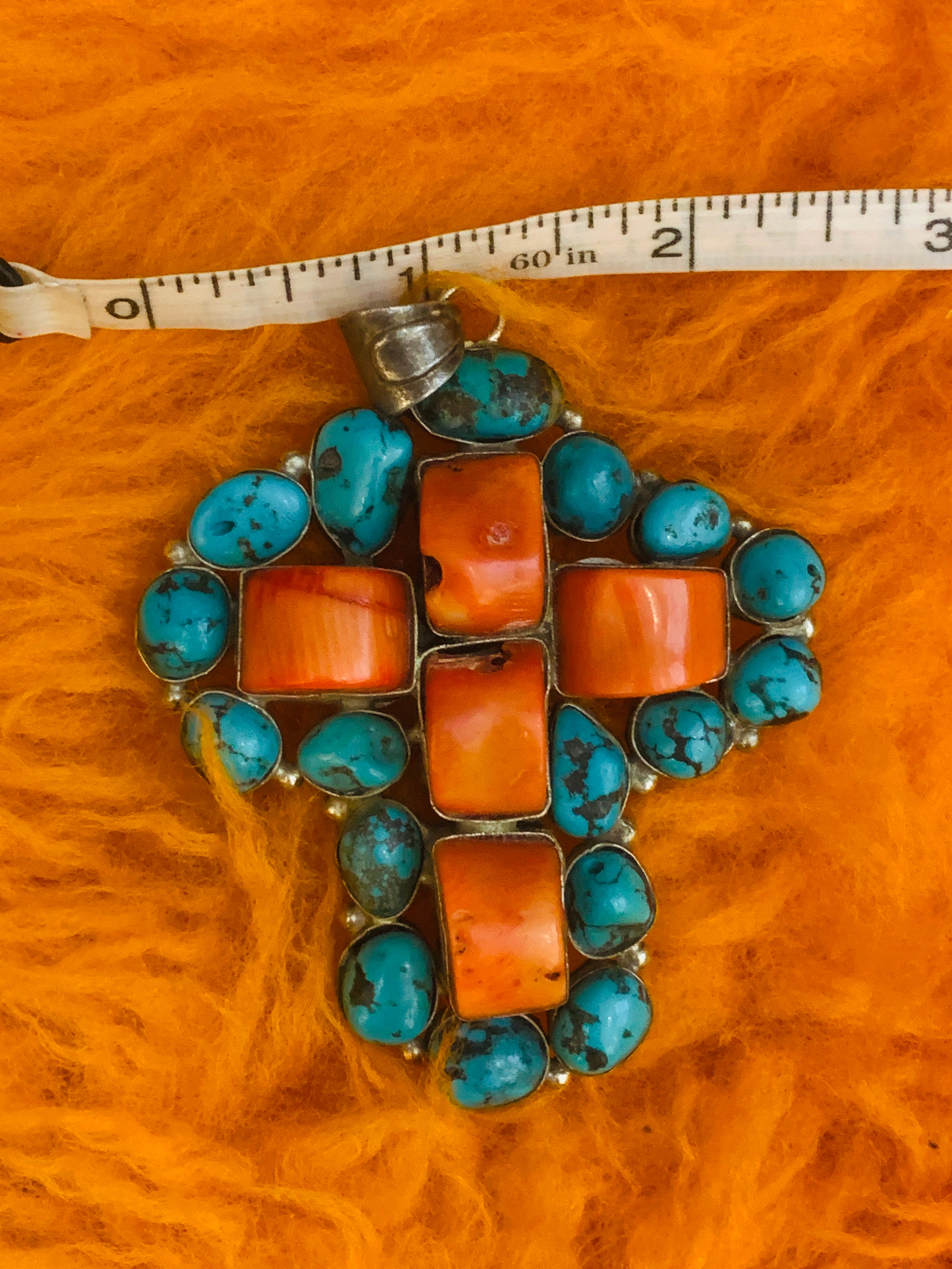Sterling Silver, Turquoise, & Jasper Cross Necklace Pendant