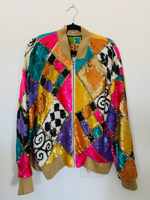 80s Silk & Sequin Beaded Patchwork Bomber Jacket