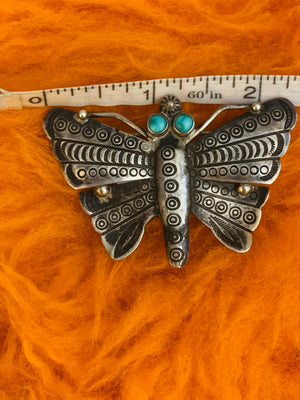 Vintage Collectible Sterling Silver Engraved Moth Pin with Turquoise Stones