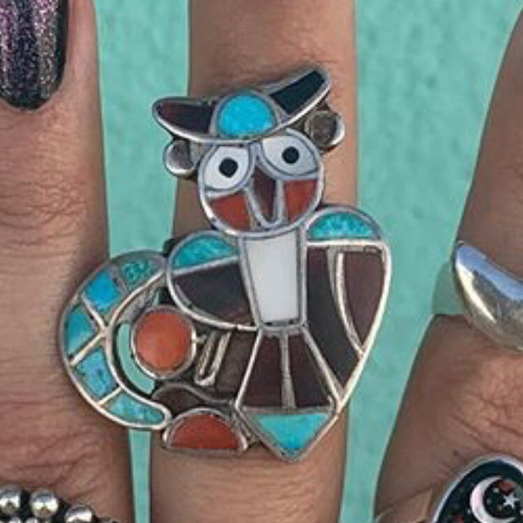 1960s Zuni Inlay Owl Ring ~ Size 7