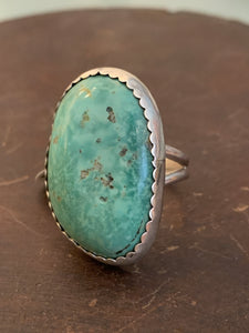 Massive Green Turquoise Stone Encased in Scalloped Sterling Silver ~ size 13