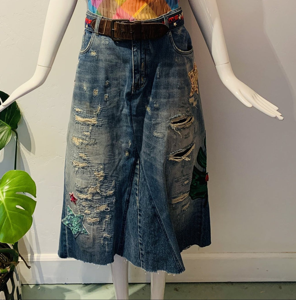 Embroidered Denim Maxi Skirt