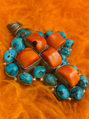 Sterling Silver, Turquoise, & Jasper Cross Necklace Pendant